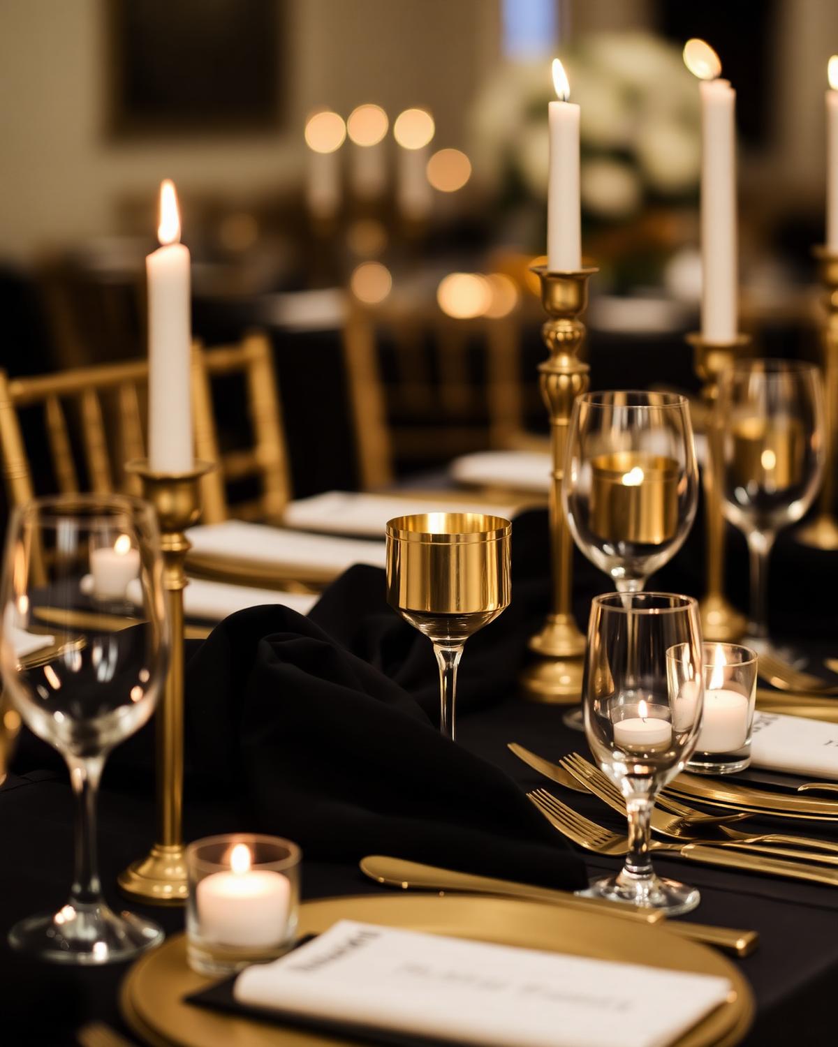 Black linen table setting with gold flatware and taper candles